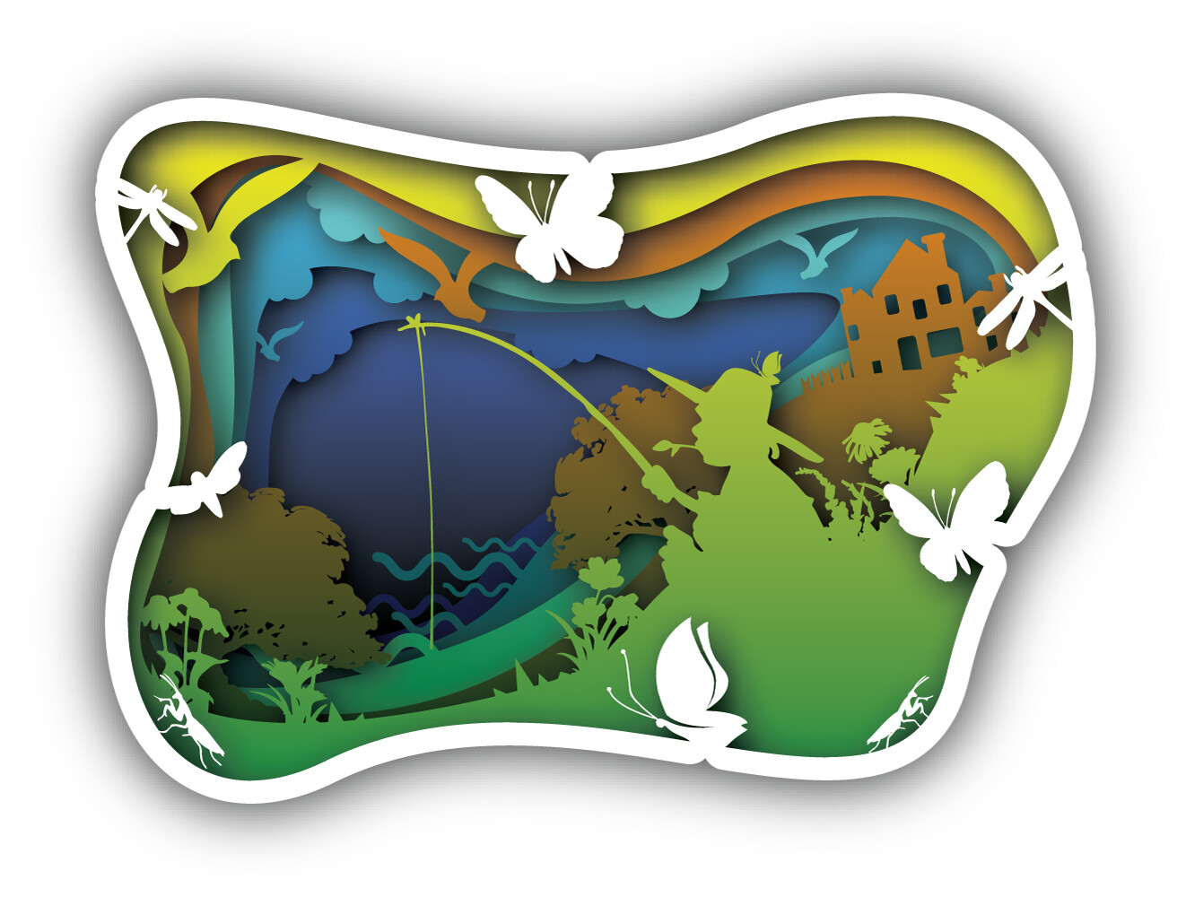 Fishing Illustration Paper Art Carves Vinyl Sticker Car Bumper Decal