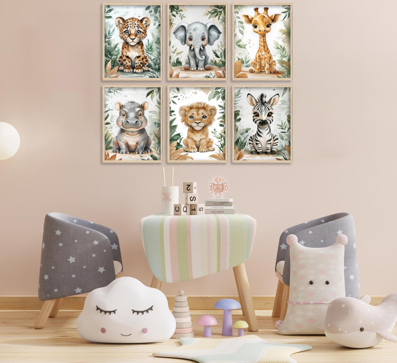 Baby Boy Safari Animal Wall Art Watercolor Theme Nursery Painting Picture Wal…