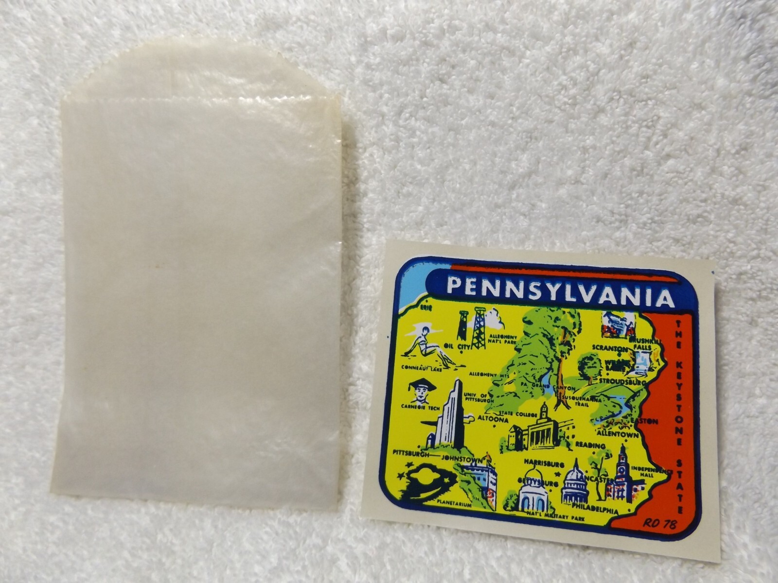 PENNSYLVANIA "The Keystone State" Vintage 1960s Decal in original sleeve