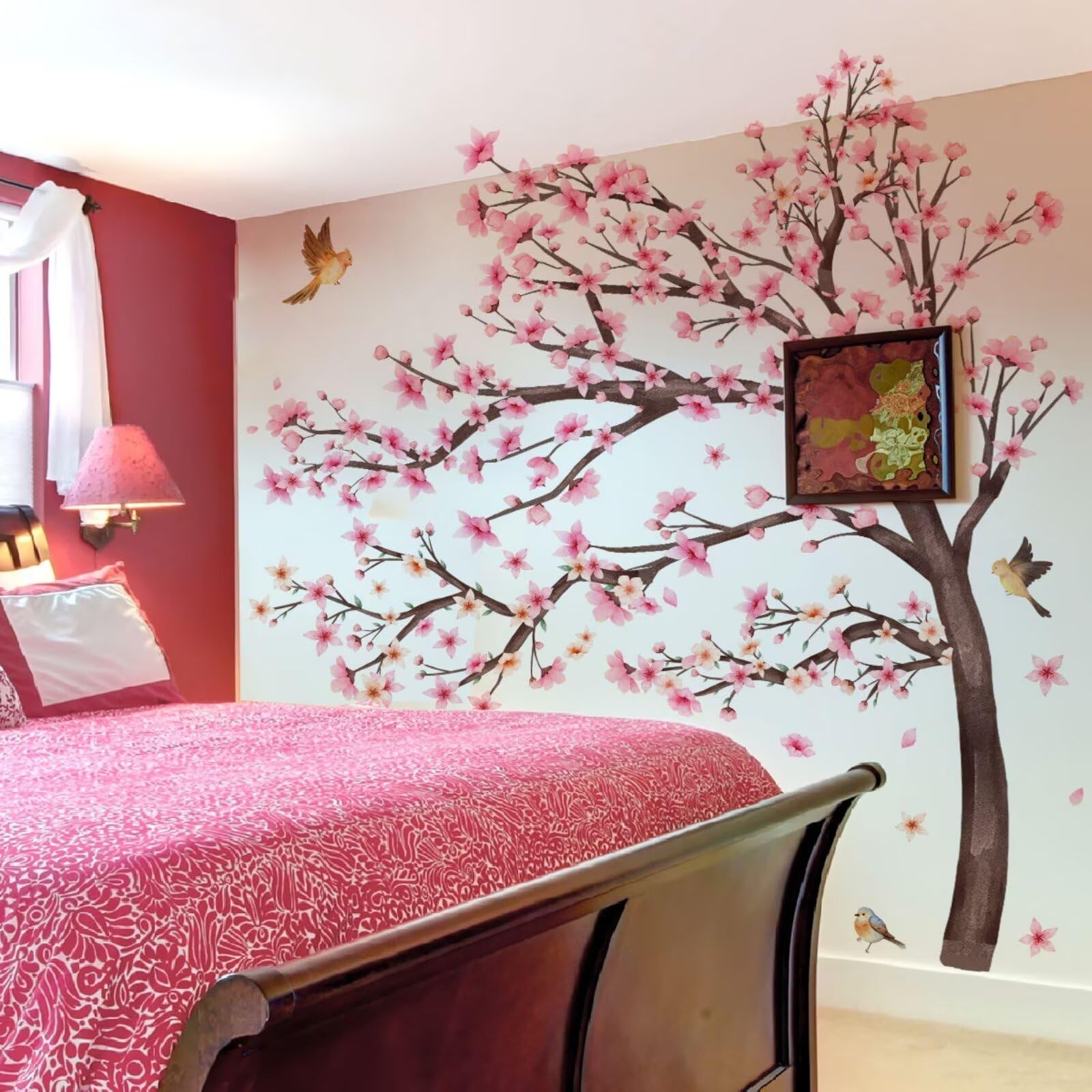 Large Cherry Blossom Tree Floral Wall Stickers Pink Flower Tree Branch Birds …