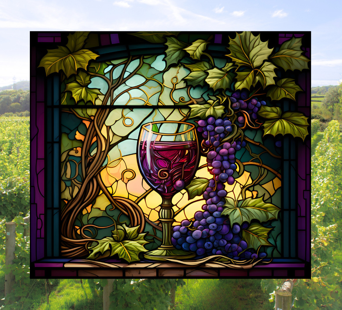 Wine, Grapes 7 Vines Faux Stained-Glass WINDOW CLING Sun-catcher Size 9.1" Vinyl