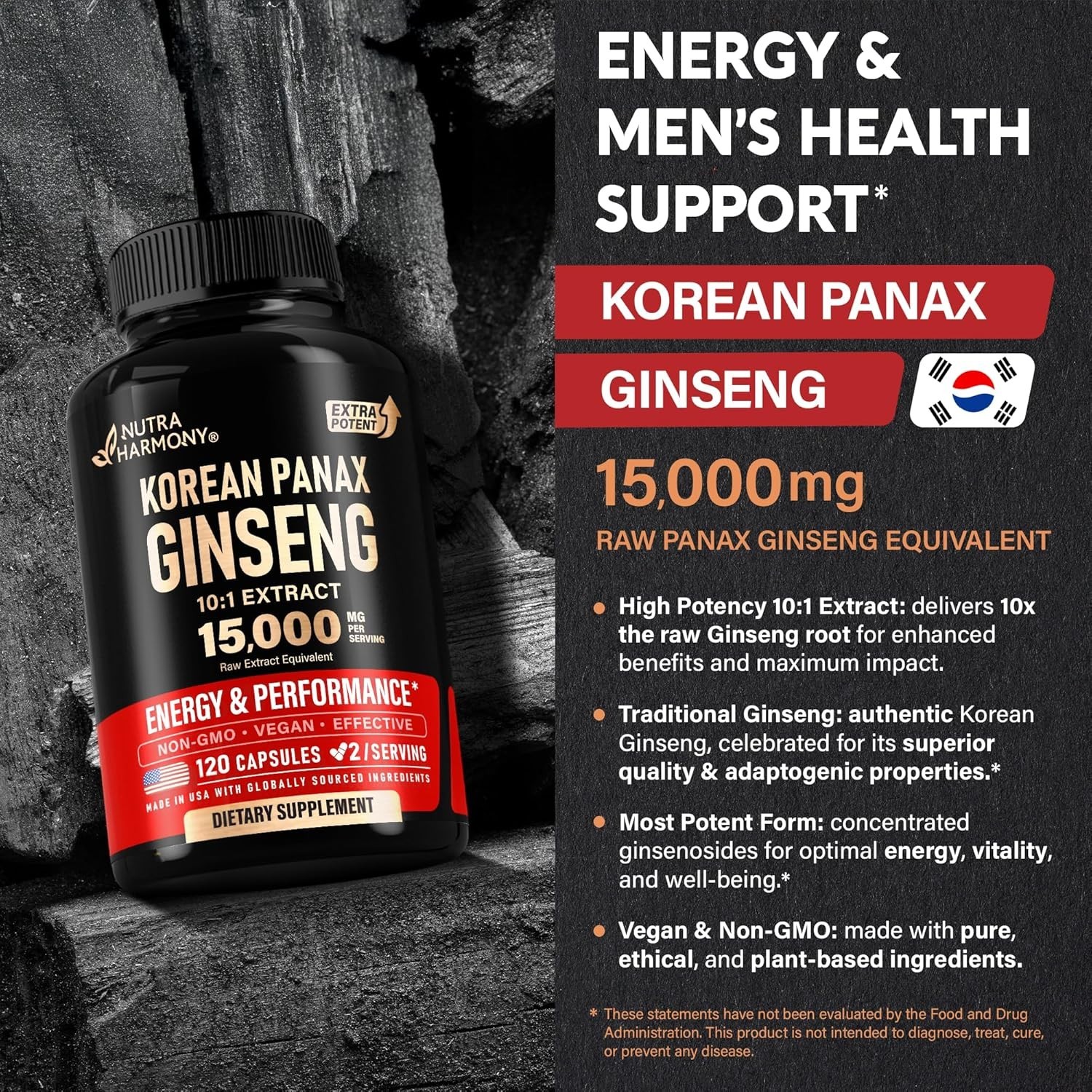 Panax Ginseng 15,000 Mg – Red Korean Ginseng Supplement for Men – Extra Strength