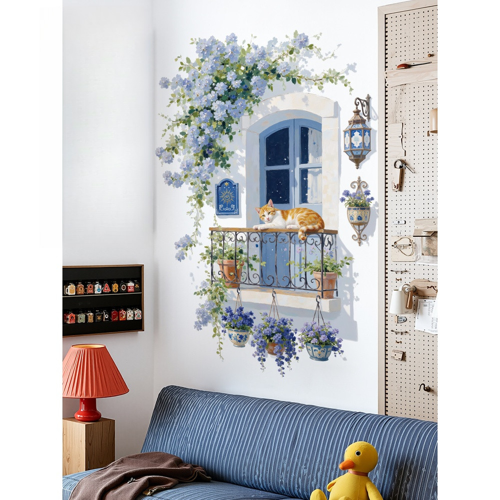 Wisteria Flower Vine PVC Wall Sticker Blue 32.6 x 23.6 in Waterproof Decor