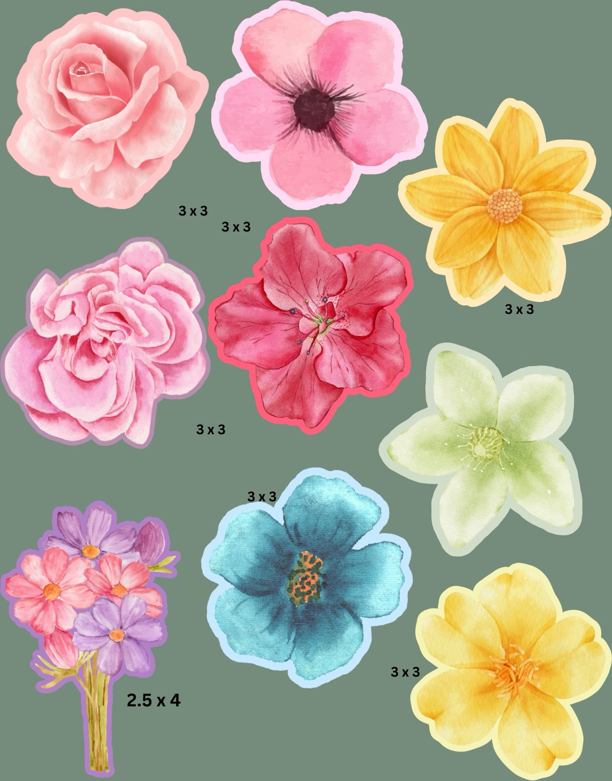 Floral Sticker Set Of Watercolor Flowers Stickers – Set Of 9 – 3”