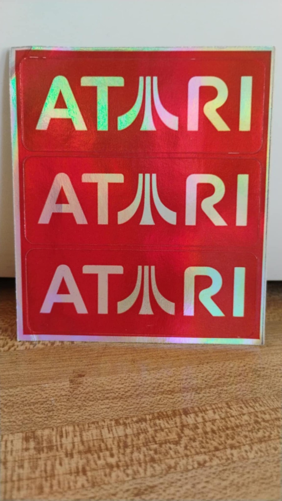 Vtg Set of 3 ATARI Red Classic Logo Stickers Holographic Metallic Decals 3" × 1”
