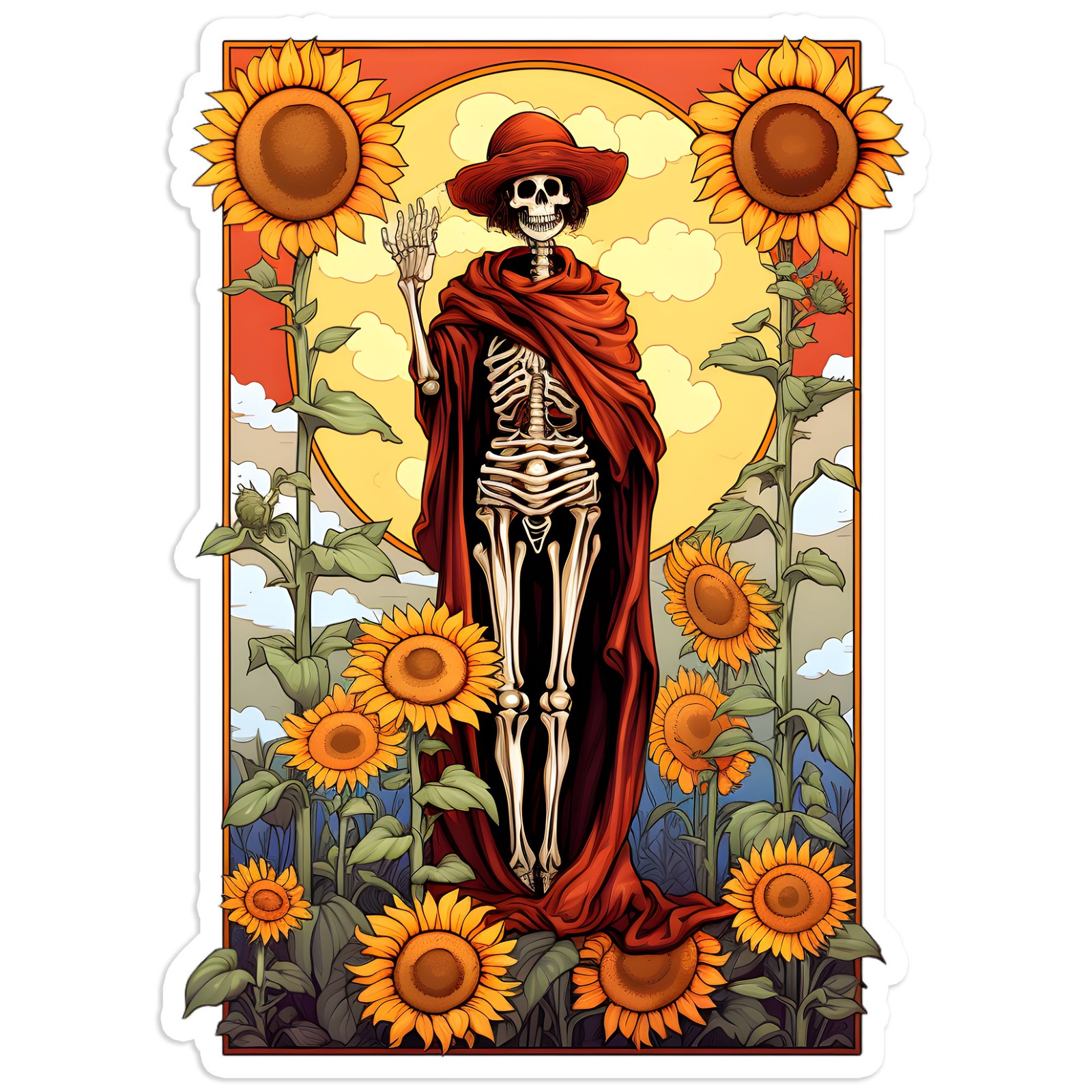Red Robe Skeleton with Sunflowers – Vinyl Decal Sticker – #1939