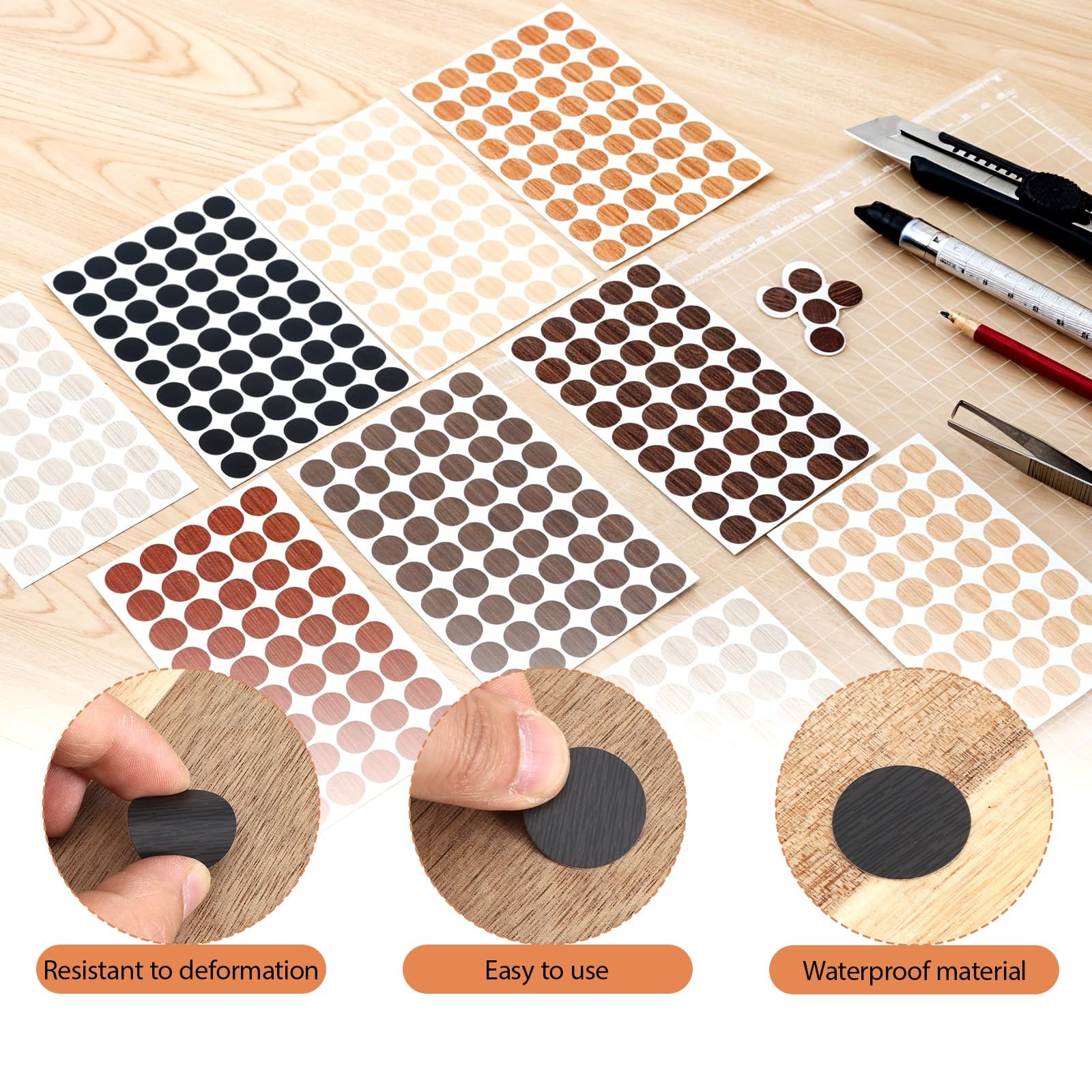 864 Pcs Wood Stickers for Furniture Adhesive 21mm (0.83 inches), Basic Color