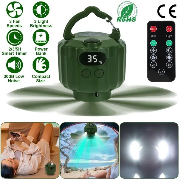 Portable Camping Ceiling LED Fan 5200mAh USB Battery Powered Hanging Tent Lanter