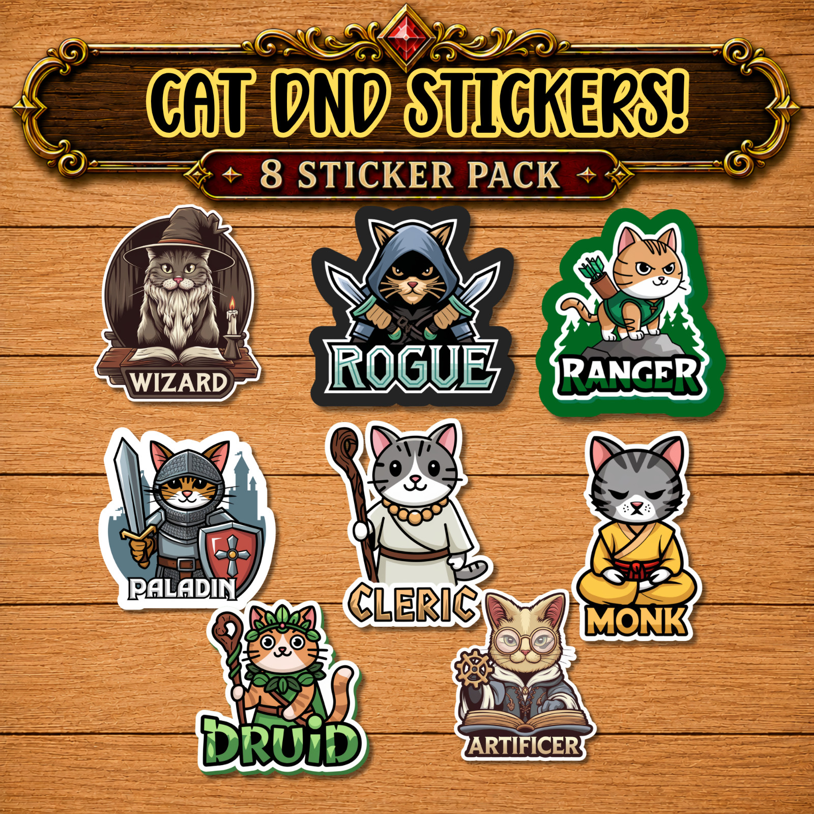 Dungeons And Cats. Water-Resistant Vinyl Decals for Cat Lovers, DnD Stickers