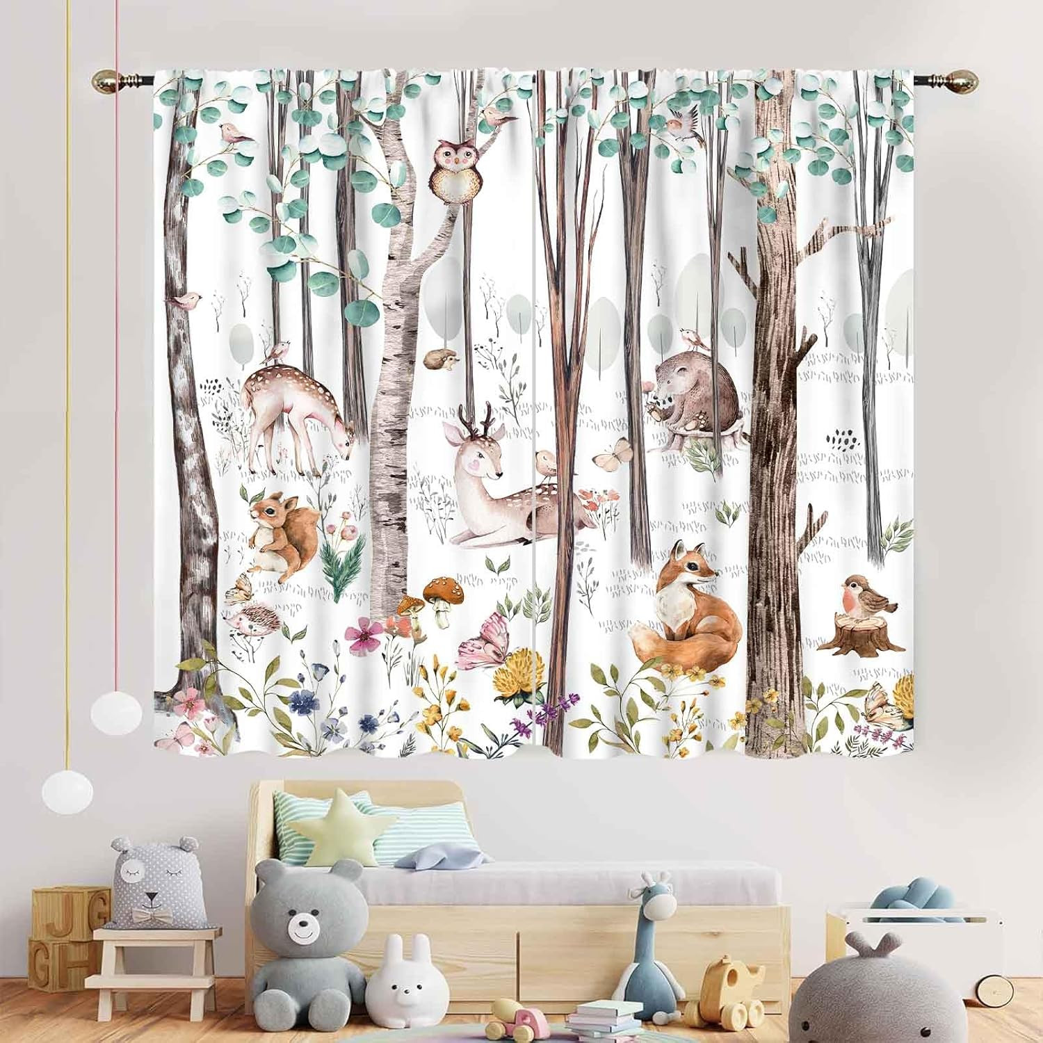 Woodland Curtains for Kids Room Nursery, Rustic Woodland Wild Animals Watercolor