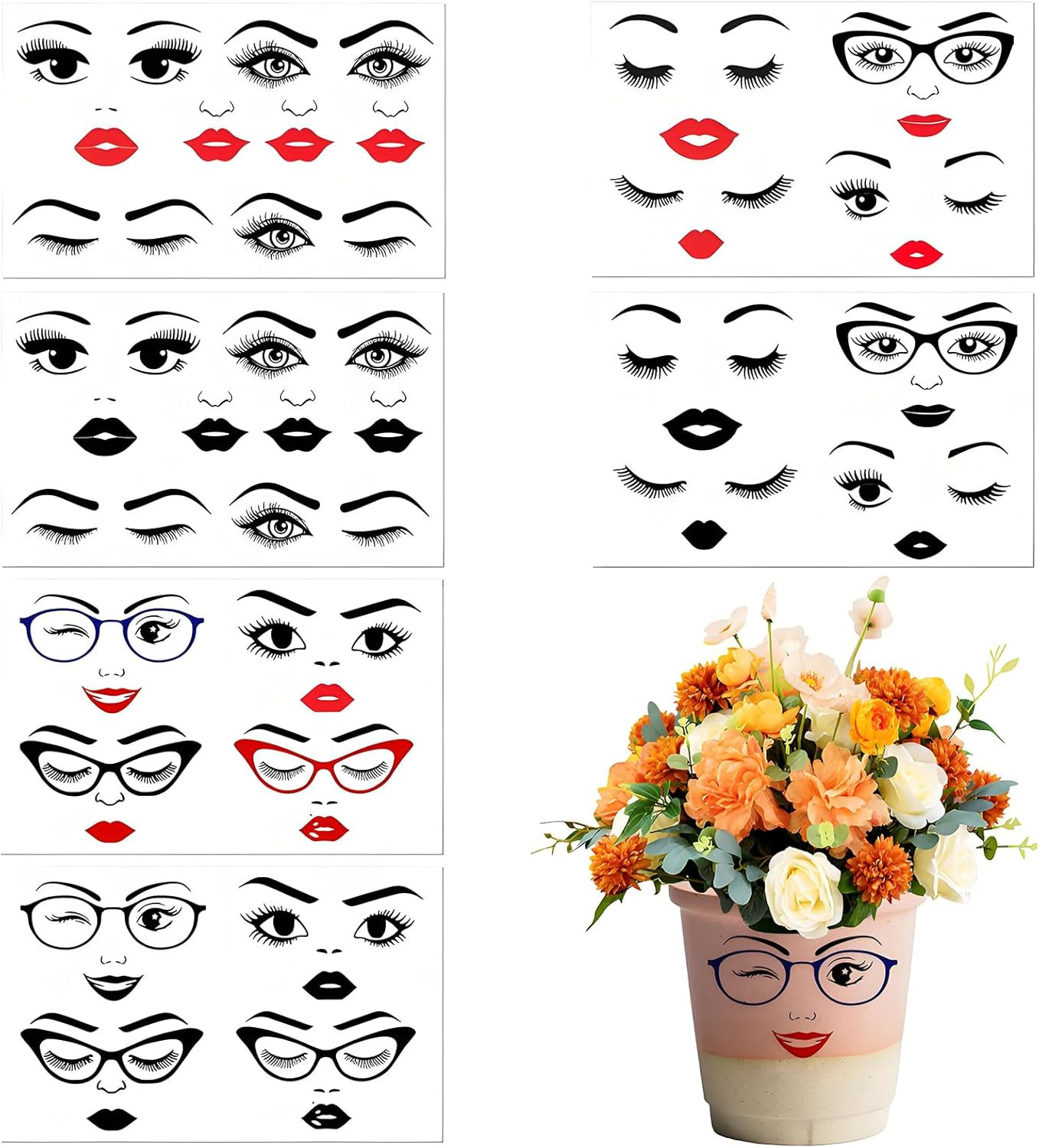 6 PCS Face Stickers for Women Featuring Lips Eyes Eyebrows Nose Mouth for DIY Cr