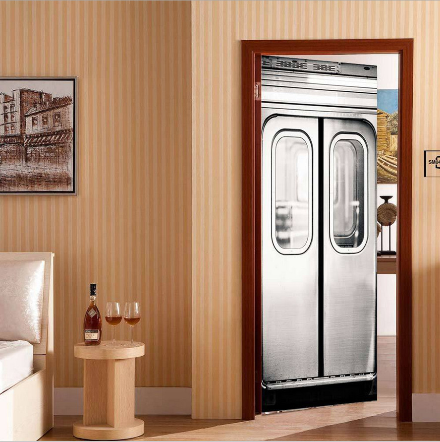 PVC Rustic Retro Wood Door Art Wall Decals Mural 3D Door Sticker Home Room Decor