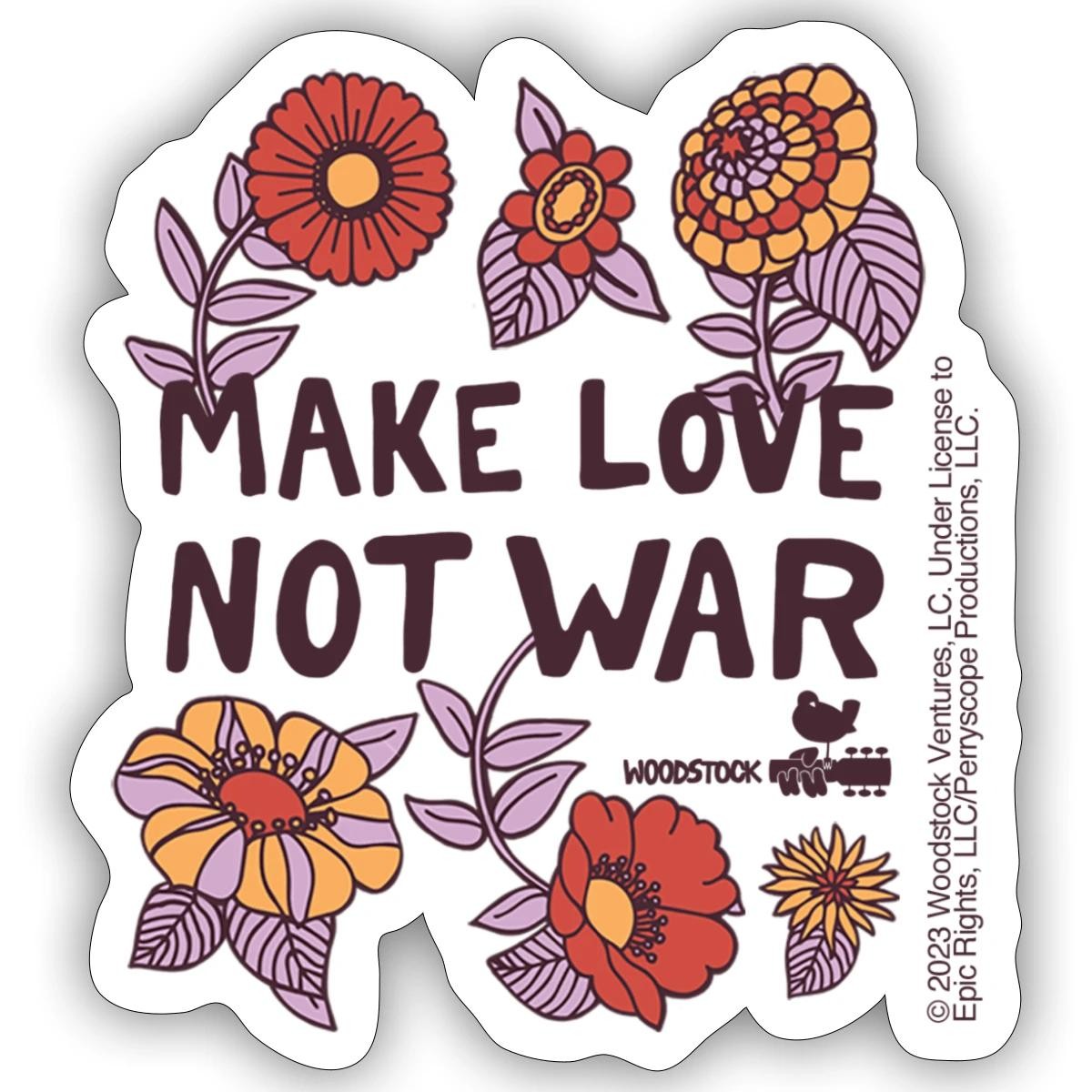 Woodstock Make Love Not War Flowers Sticker, max. 4 x 4"