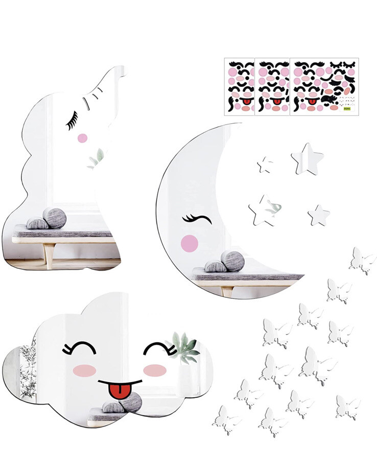 4 Set 3D Acrylic Mirror Wall Stickers , Stars Clouds Butterfly Mirrors Decals