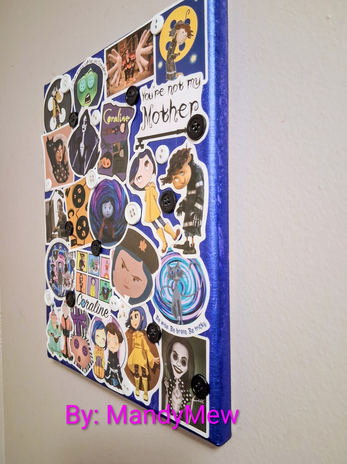 MandyMew Coraline Vinyl Sticker Collage Art, Multicolor & real buttons, 8×10 in
