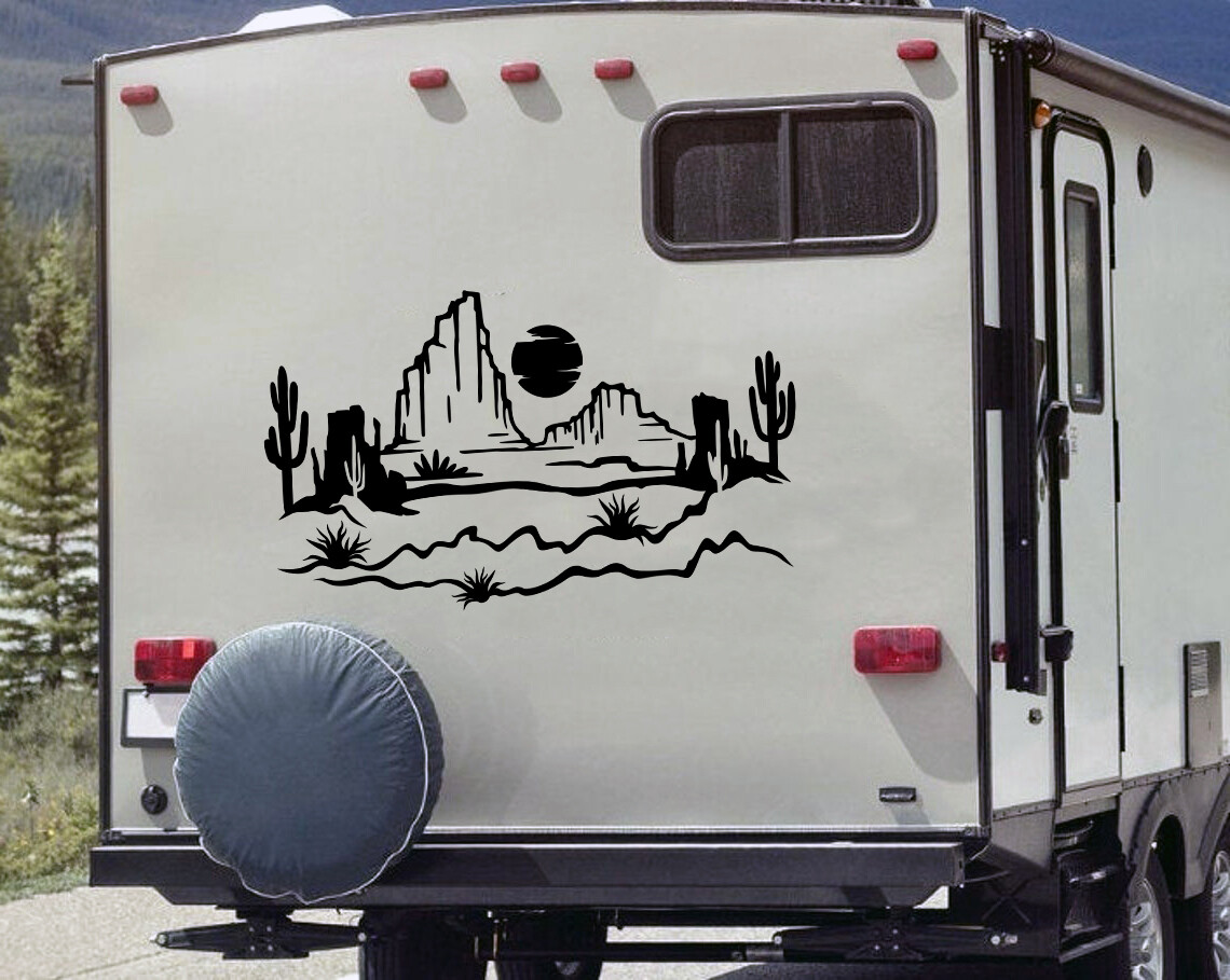 Desert Cactus Mountain Scene V8 Vinyl Decal – RV Camper Graphics Sun – Sticker