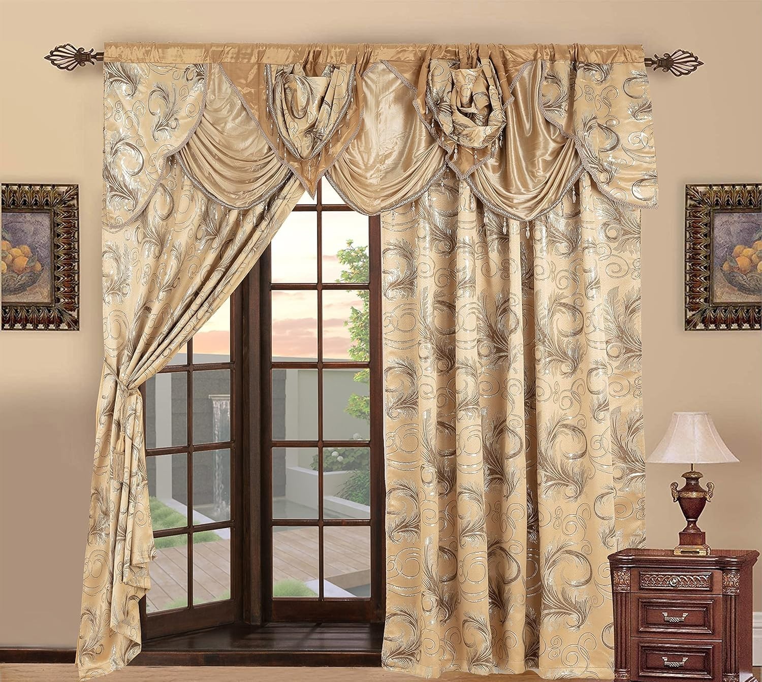 Luxury Jacquard 2 Panel Curtain Set with Valance & Backing – Taupe, 55×84