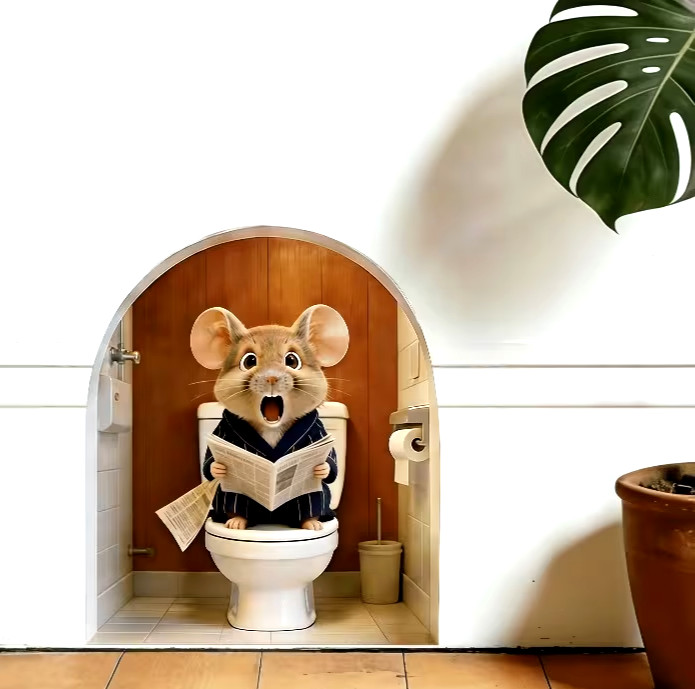 Mouse on Toilet in Mouse Hole – Wall Sticker 3" x 3.5" Vinyl Decal Sticker