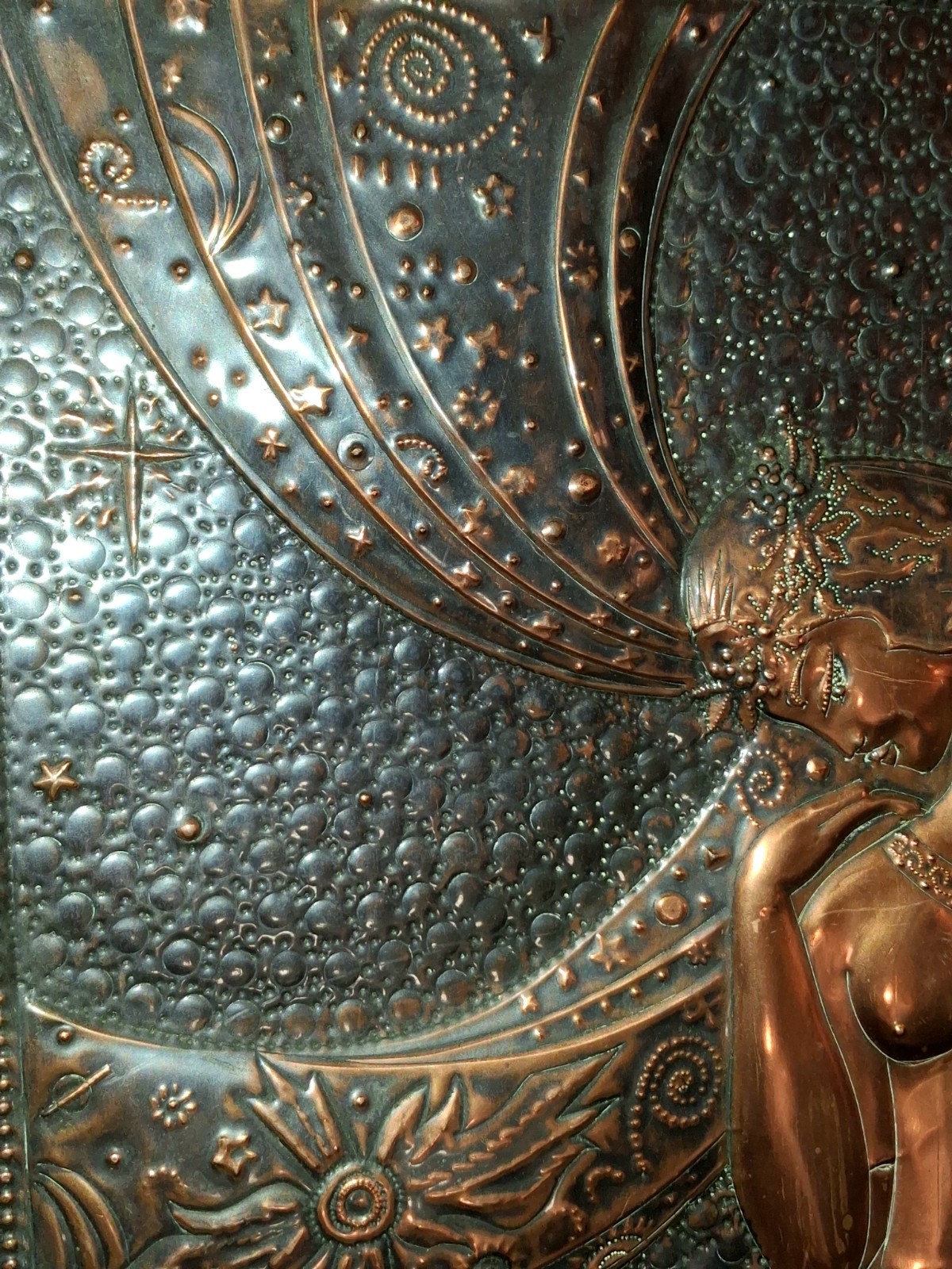 Art Deco Style Copper Wall Plaque Female Figure Celestial Repoussé Panel