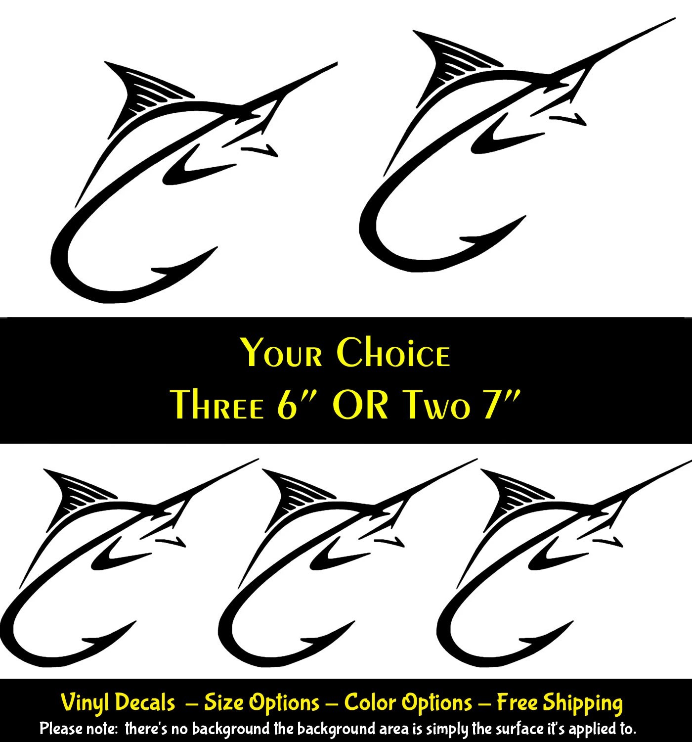 Marlin Swordfish Fishing Hook Vinyl Decals Vehicle Windows Any Flat Surface