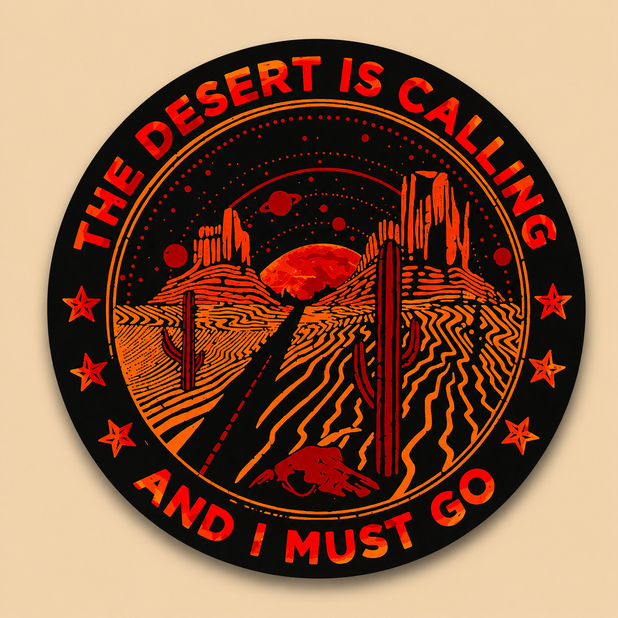 Desert Highway 4 Inch Vinyl Sticker Waterproof Black Saguaro Cactus Moon Stars