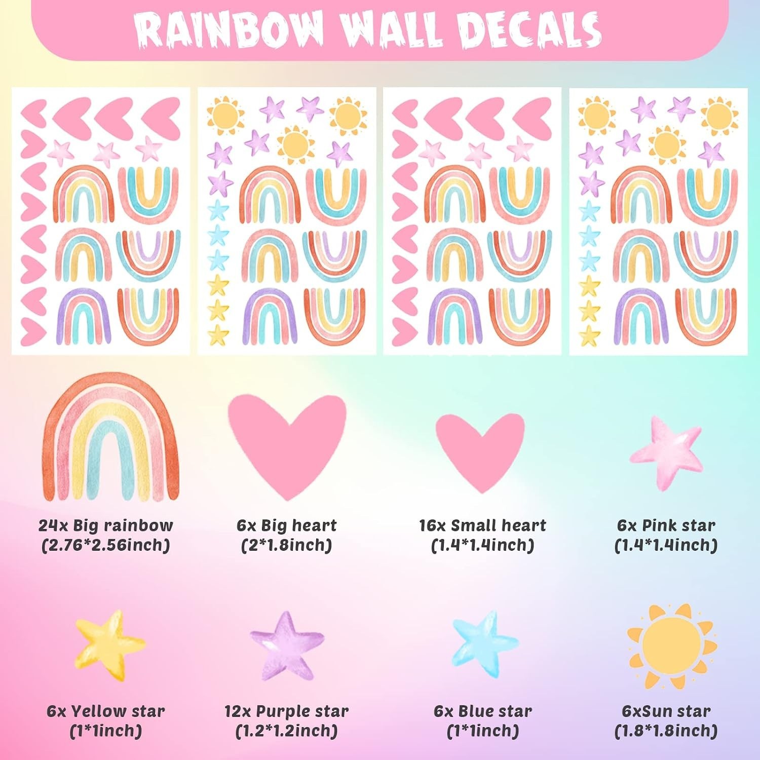 Rainbow Wall Decor Stickers Small Rainbow Decal Watercolor Heart Star Sun Wal…