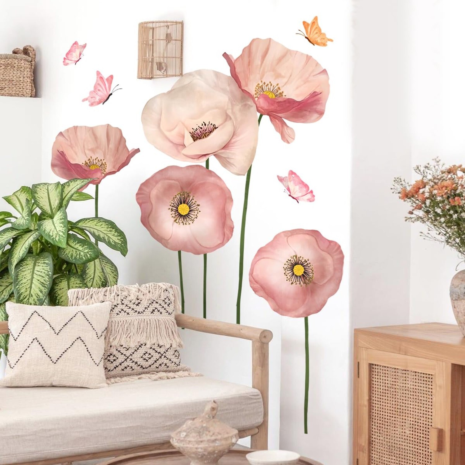 2 Sheets Giant Pink Flower Wall Stickers 5 Poppy Flowers Wall Decals DIY Peel…