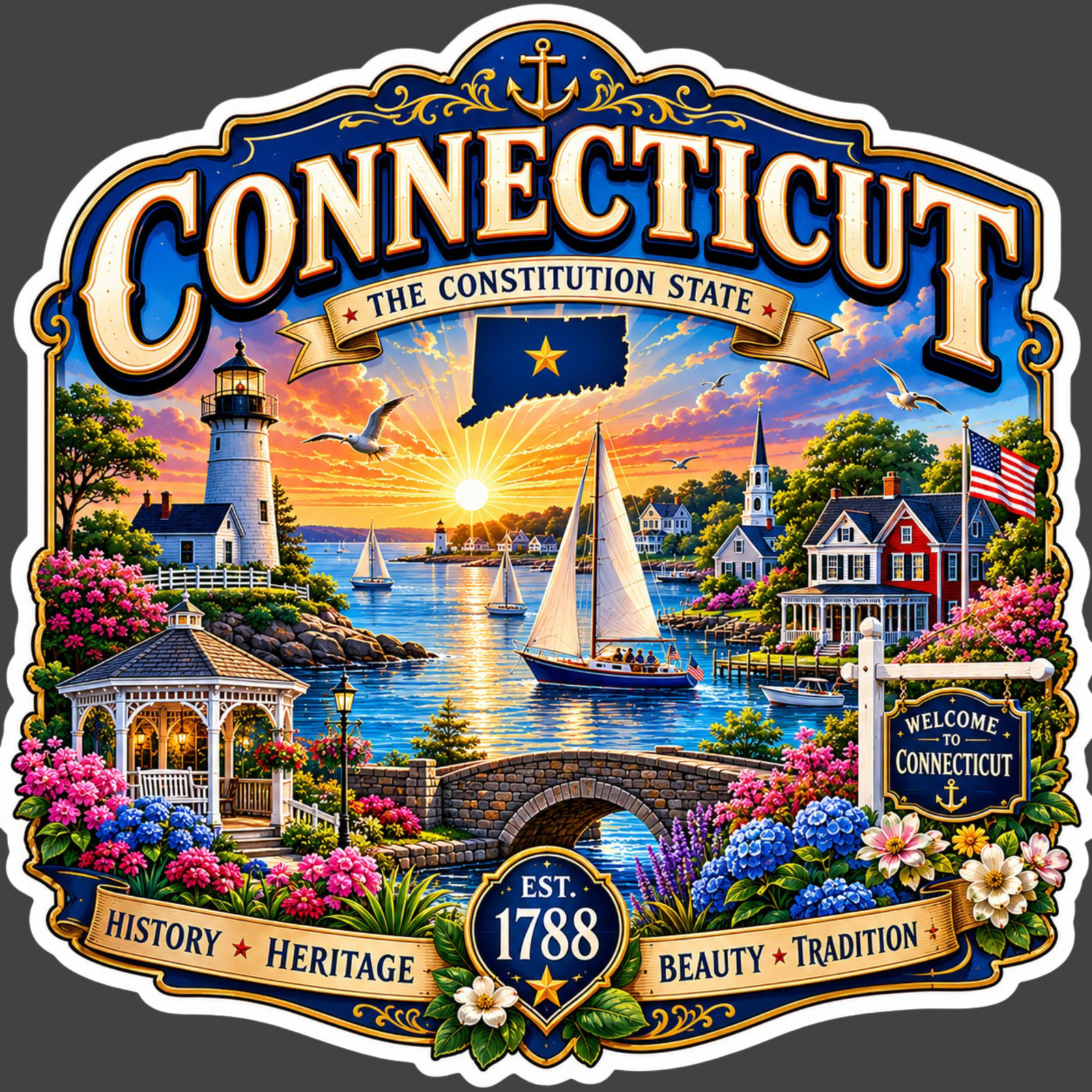 Connecticut Sticker Vinyl Decal Coastal Village Lighthouse Travel Souvenir Gift
