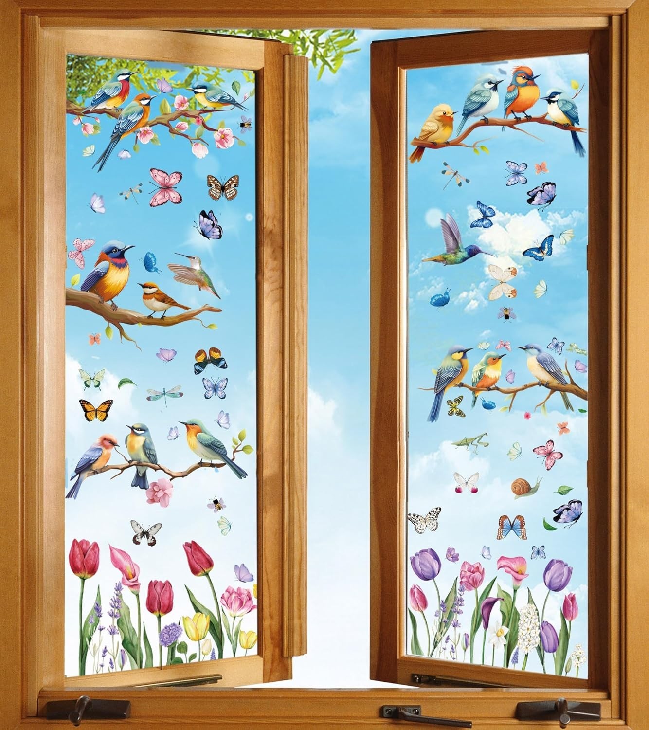 Spring Window Cling Sticker – 78PCS Tulip Butterfly Flower Hummingbirds Windo…