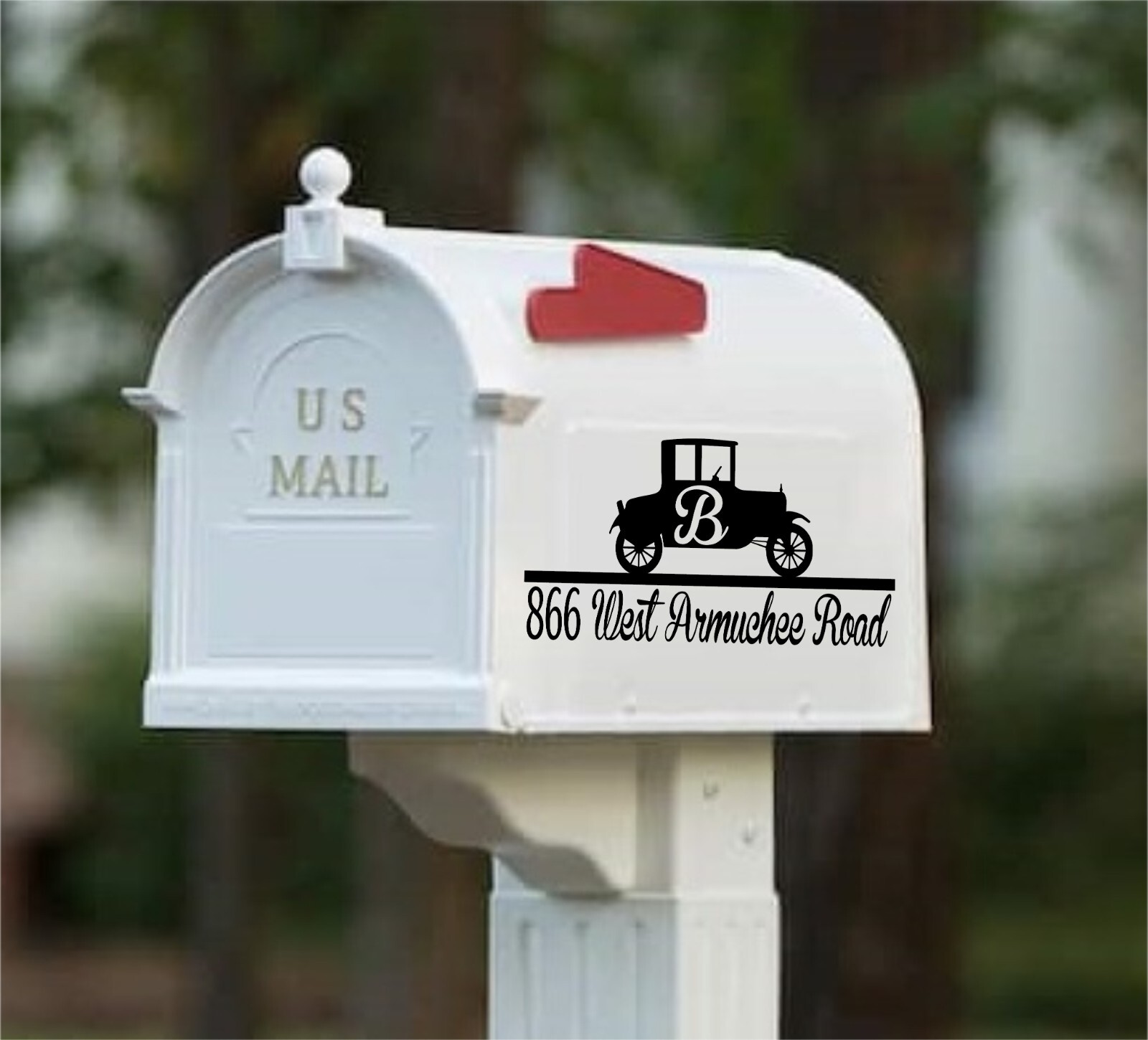 Set of 2 Antique Car Vinyl Decals for Mailbox with Initial and Street Address