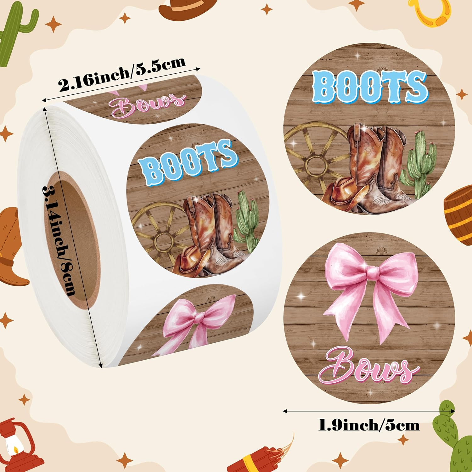 500Pcs Pink or Blue Gender Reveal Stickers – 2 Inch Cowboy Boots Bow Labels