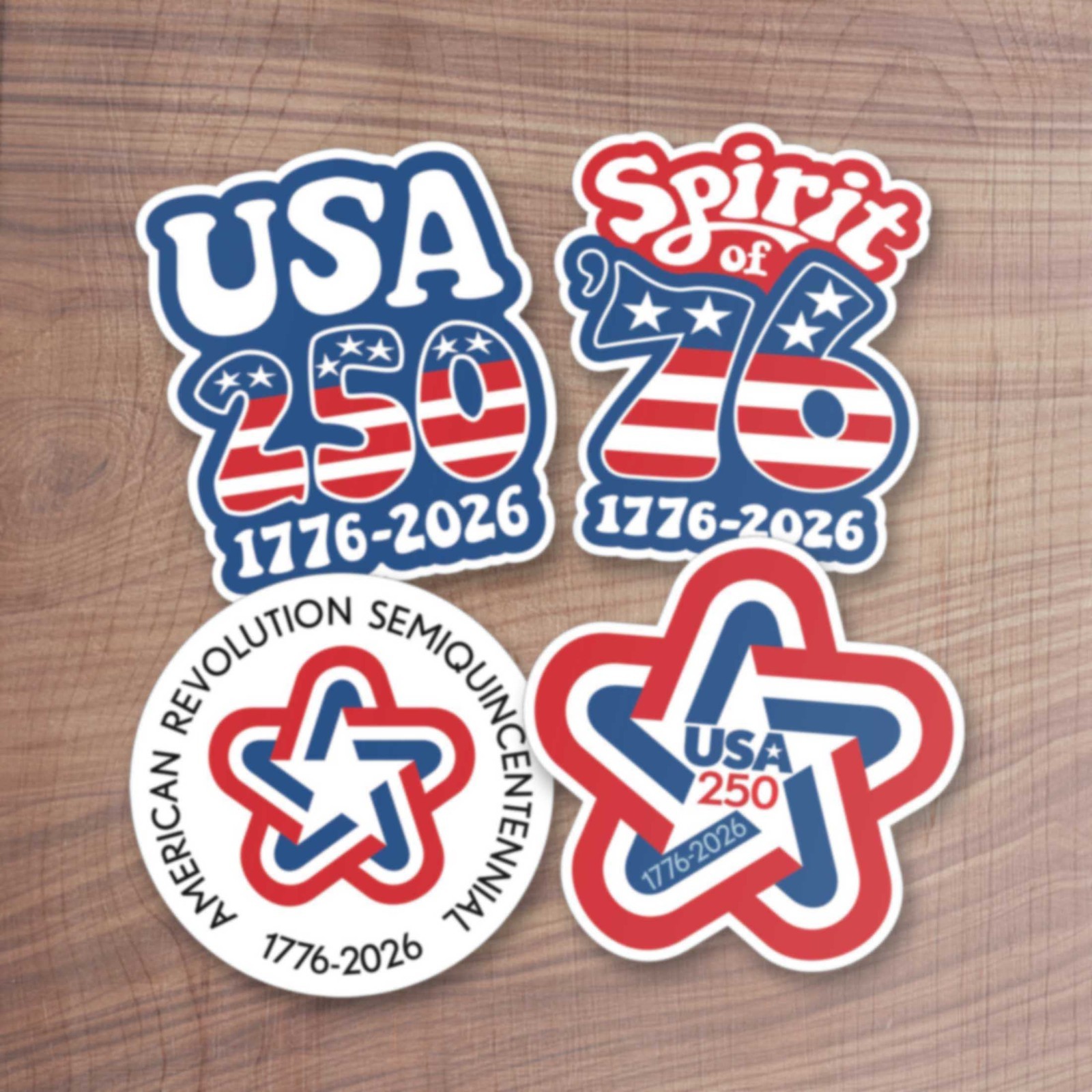 America 250th – 4 PACK Die Cut Stickers – USA 250 1776-2026 – Assorted Designs