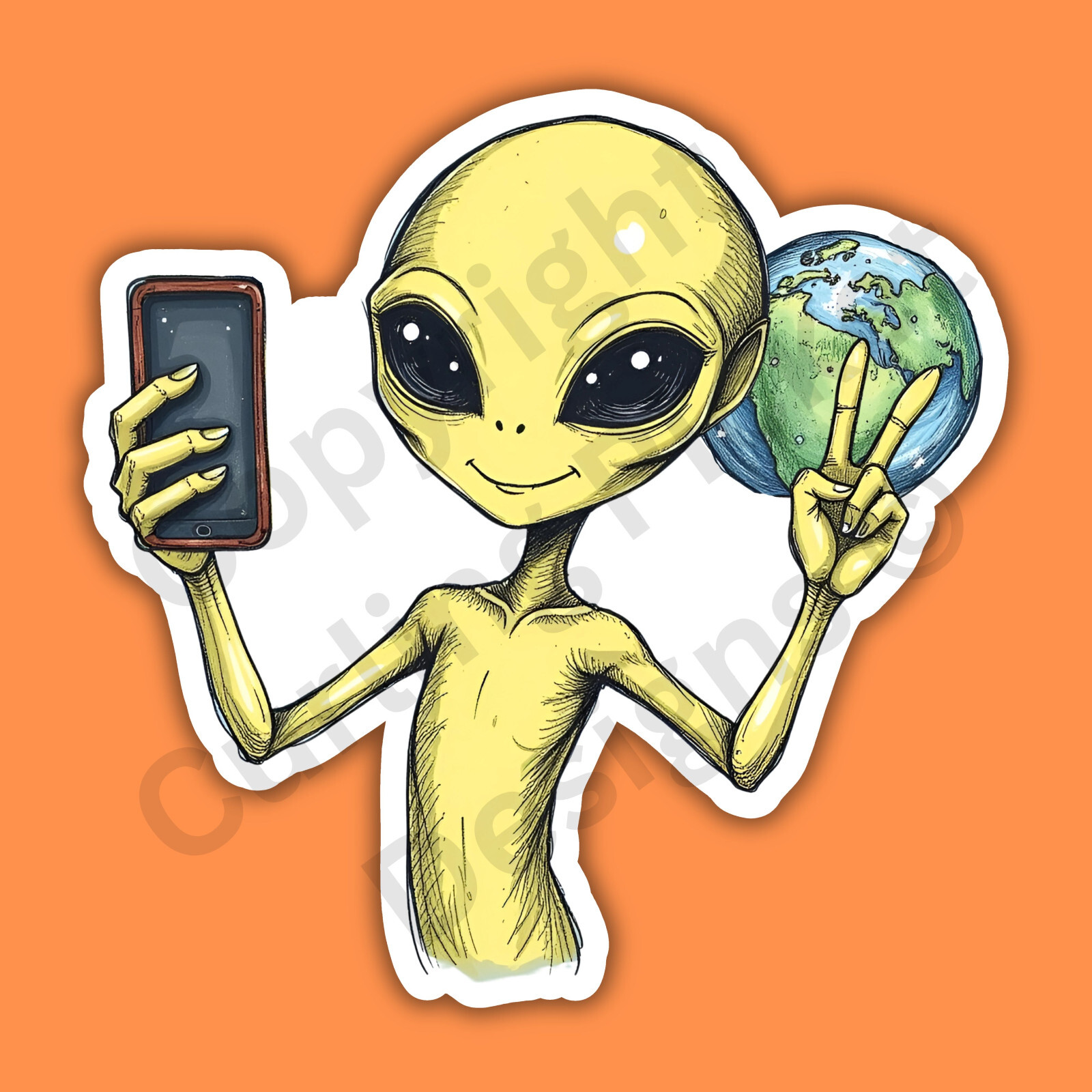 Alien Selfie Peace Sign Earth Photobomb Funny Space Cute 3" Vinyl Sticker