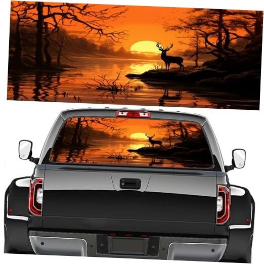 Watercolor Deer Pickup Truck Decals Rear Window, Rustic 22W x 66L inch Style-3