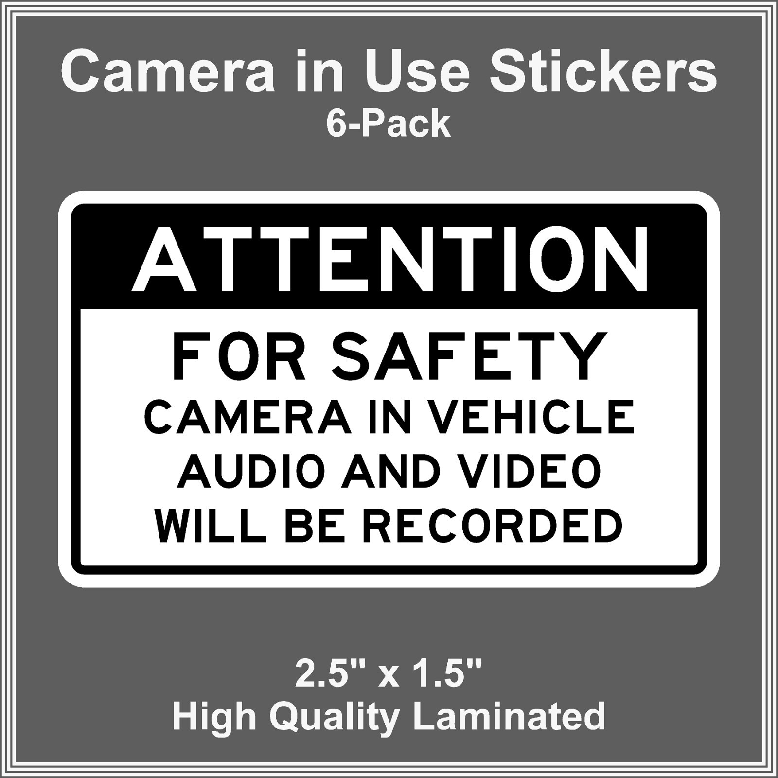 Camera in Car Recording Video 6-Pack Decals Black & White 2.5" x 1.5" for Uber