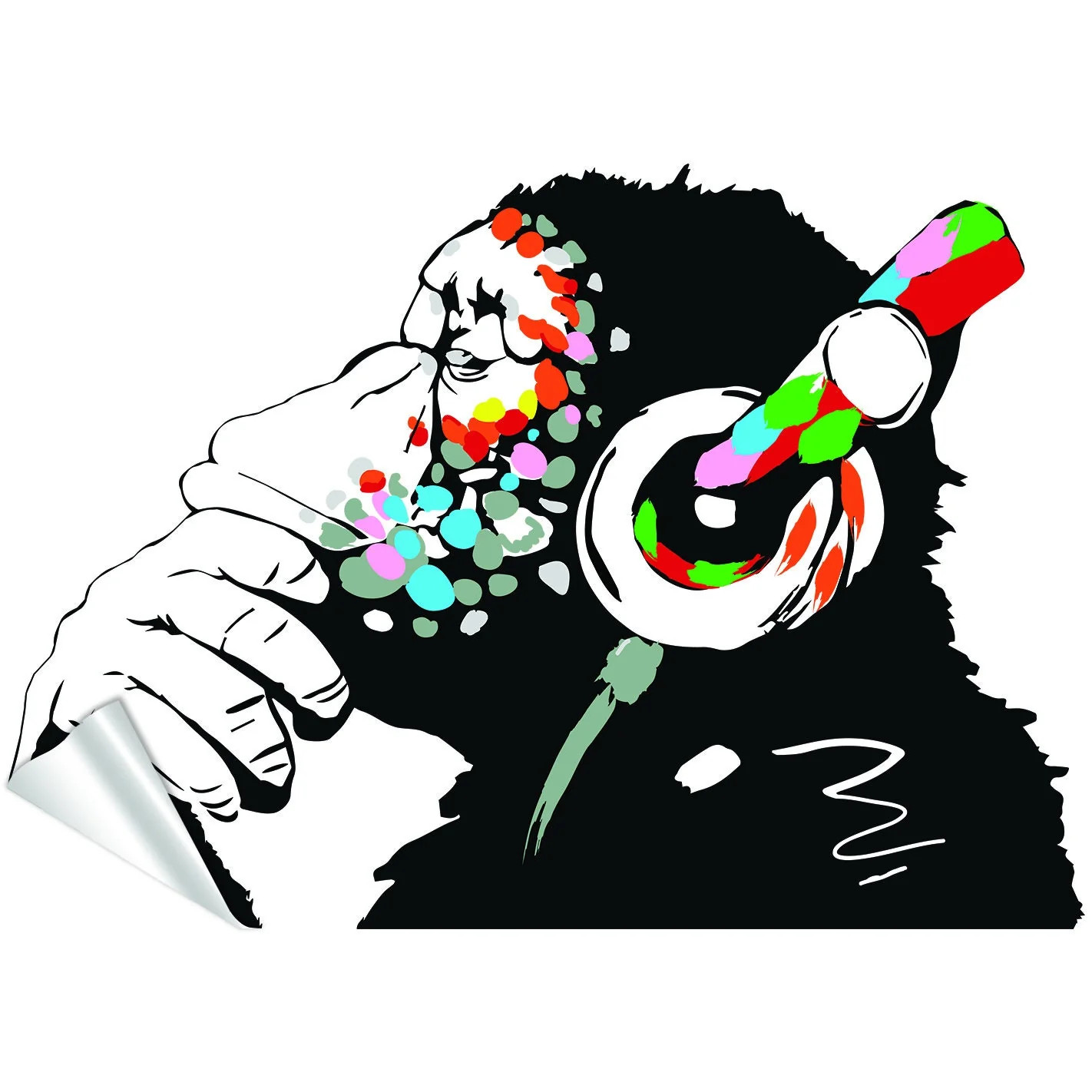 Artist Monkey With Headphones Wall Sticker – Large Bansky Thinking Dj Chimp