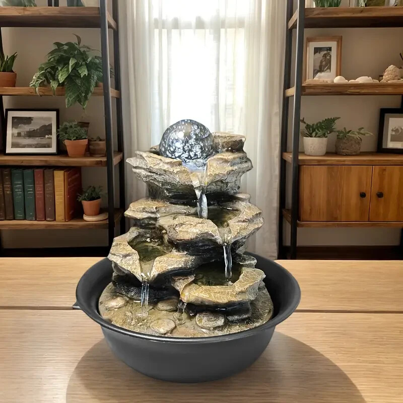 Resin Fountain Indoor Waterfall Fountains LED Light Realistic Rock Design Gift