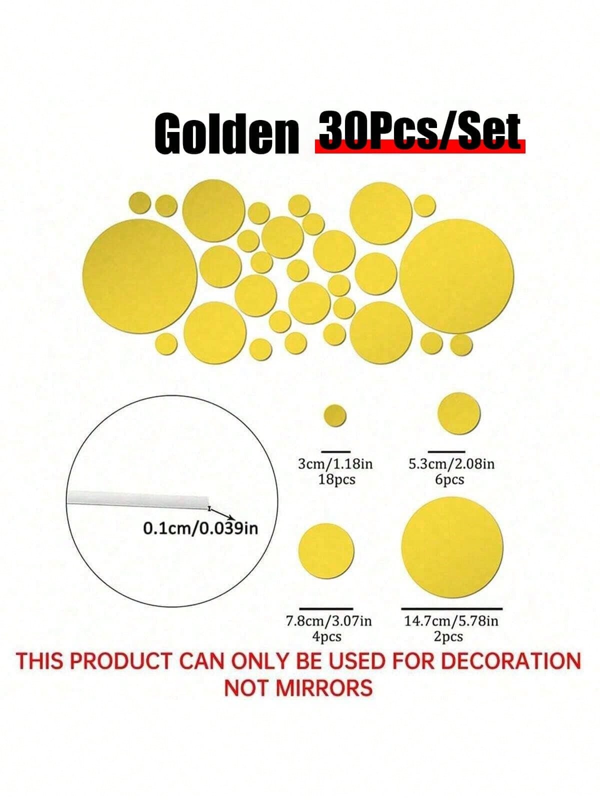 30Pcs Golden Circular Acrylic Mirror Wall Stickers Self Adhesive Decor
