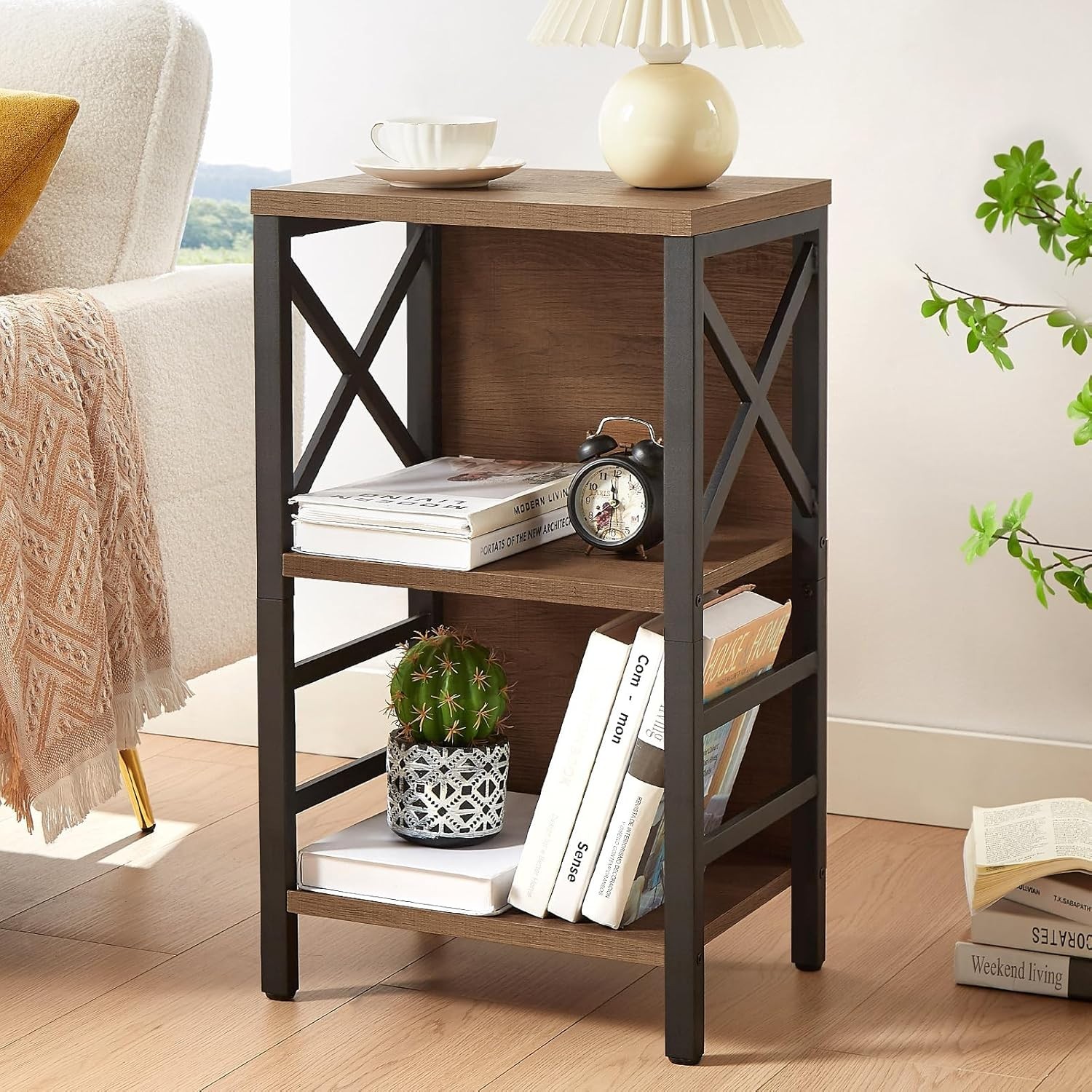 Small Bookshelf 3 Tier Industrial Bookcase Rustic Brown Metal Frame Home Storage