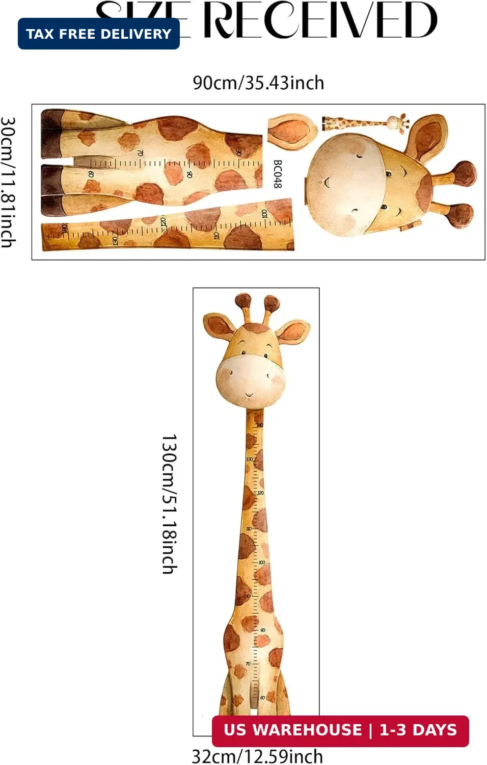 Giraffe Kids Height Wall Decal,Cute Animal Height Stickers, Children's Room Grow