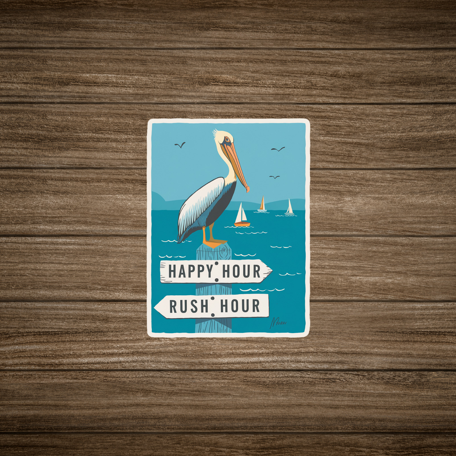 Coastal Pelican Happy Hour Rush Hour Retro Inspired Art Print #3230