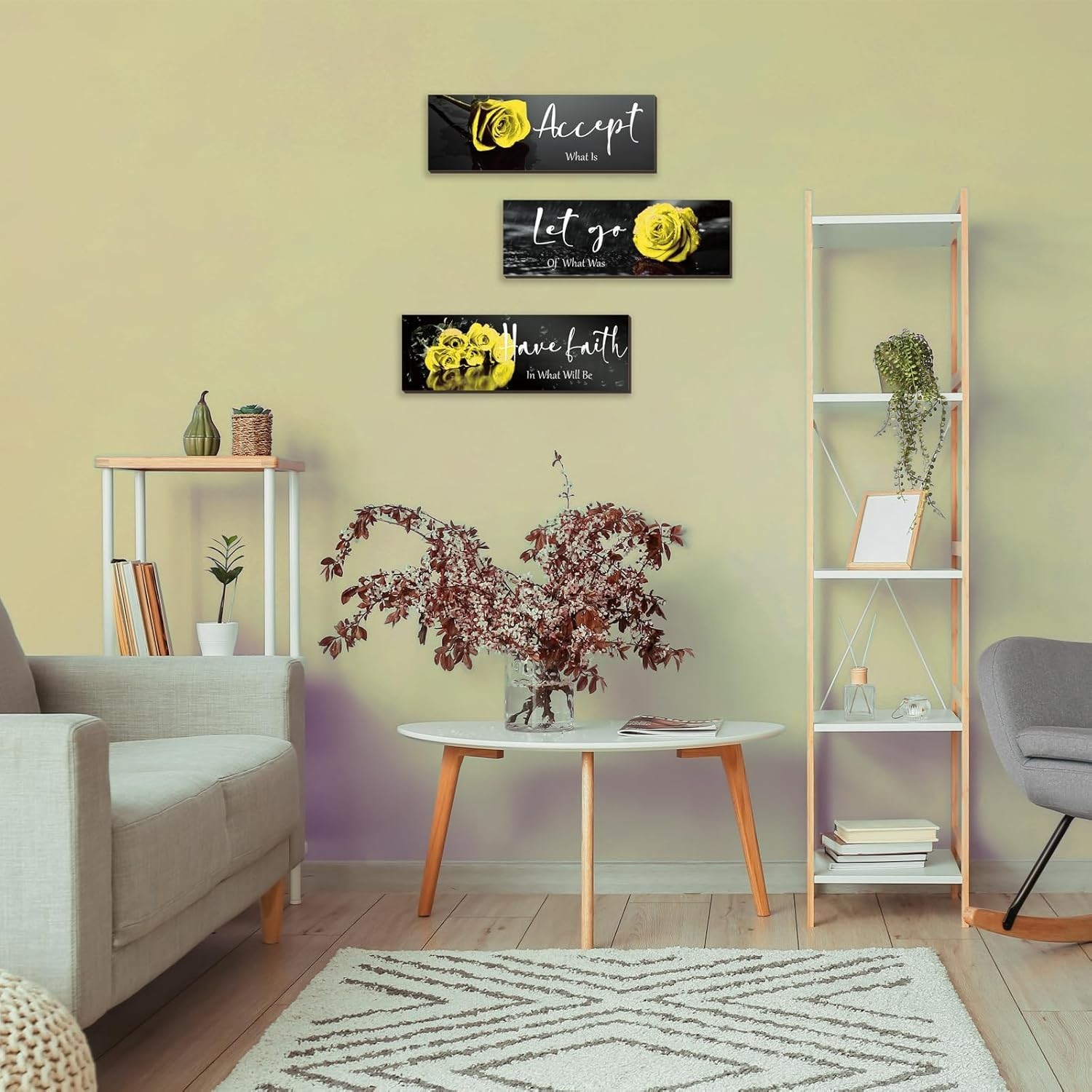 Charming 3-Pc Yellow Rose Wall Decor with Faith-Inspiring Quotes – 12×4 Inches