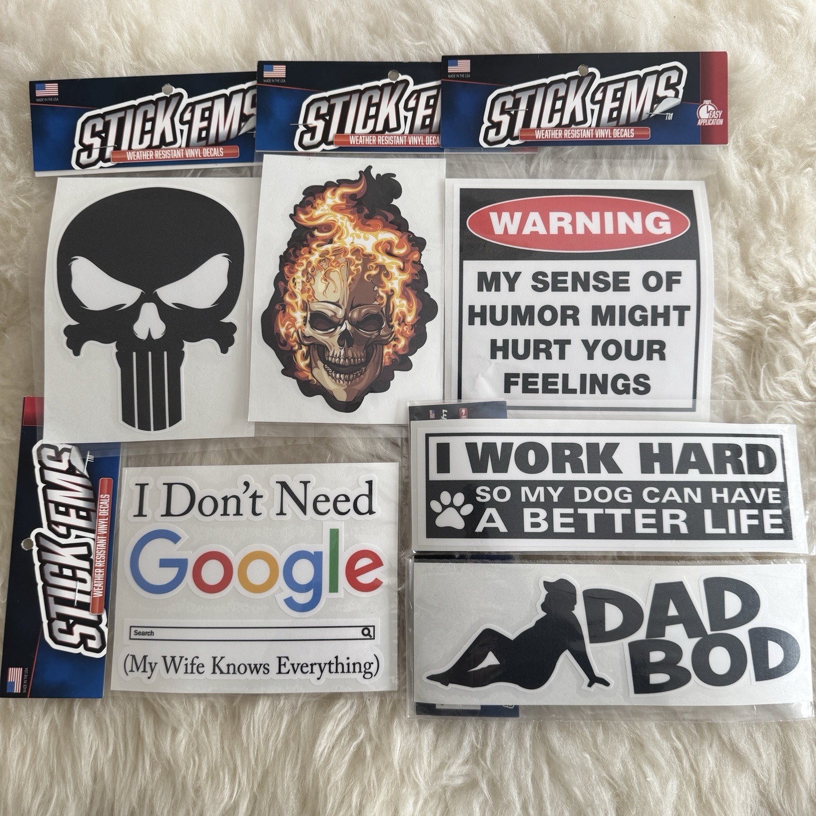 New Stick Em’s Vinyl Sticker Lot of 6 for cars truck jeep & more. Humor, USA