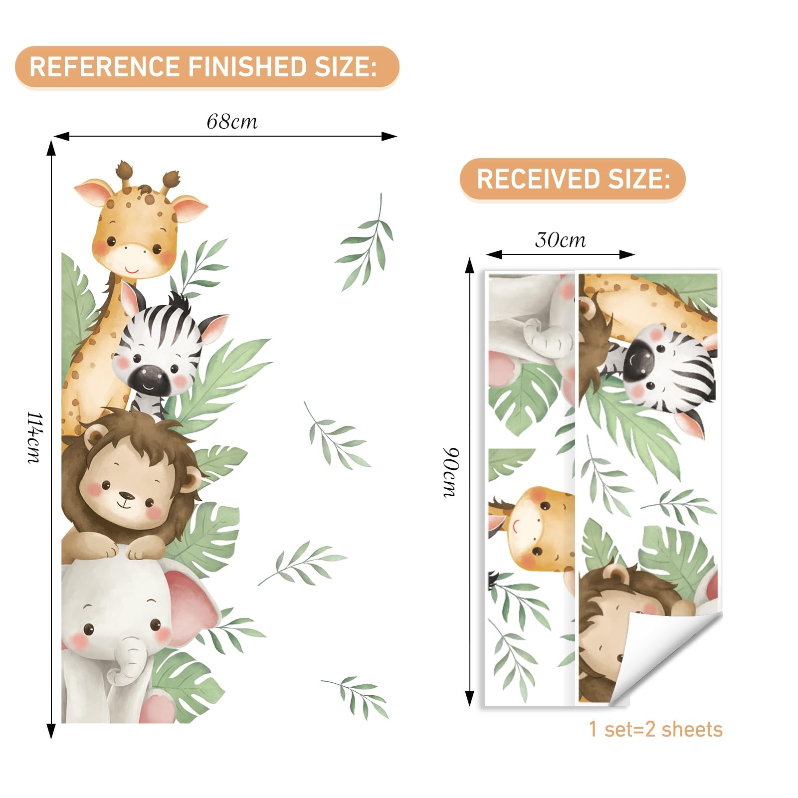 Watercolor Jungle Animal Wall Decals Peel and Stick, Vinyl Safari Elephant Li…