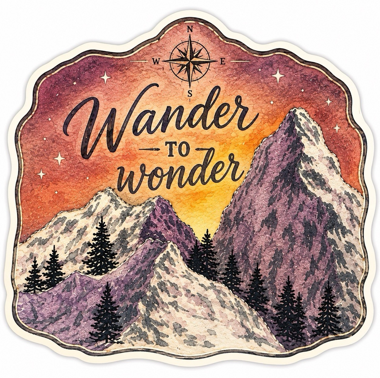 Original artwork Mountain Sunset vinyl Sticker Decal 2”x2” laptop car bottle art