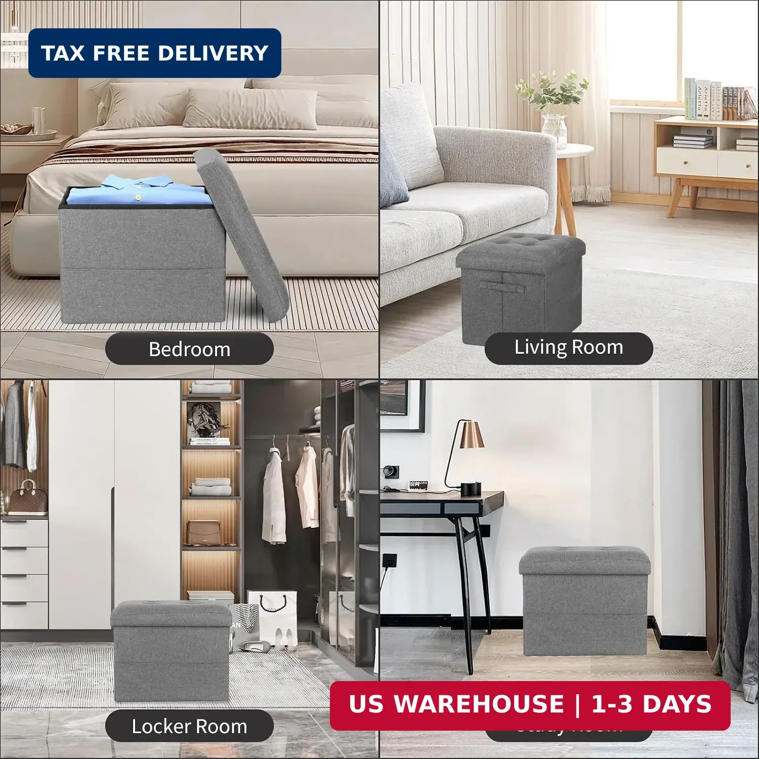 Storage Ottoman. Foot Rest Stool with Thicker Foam Padded Seat. Linen Footstool