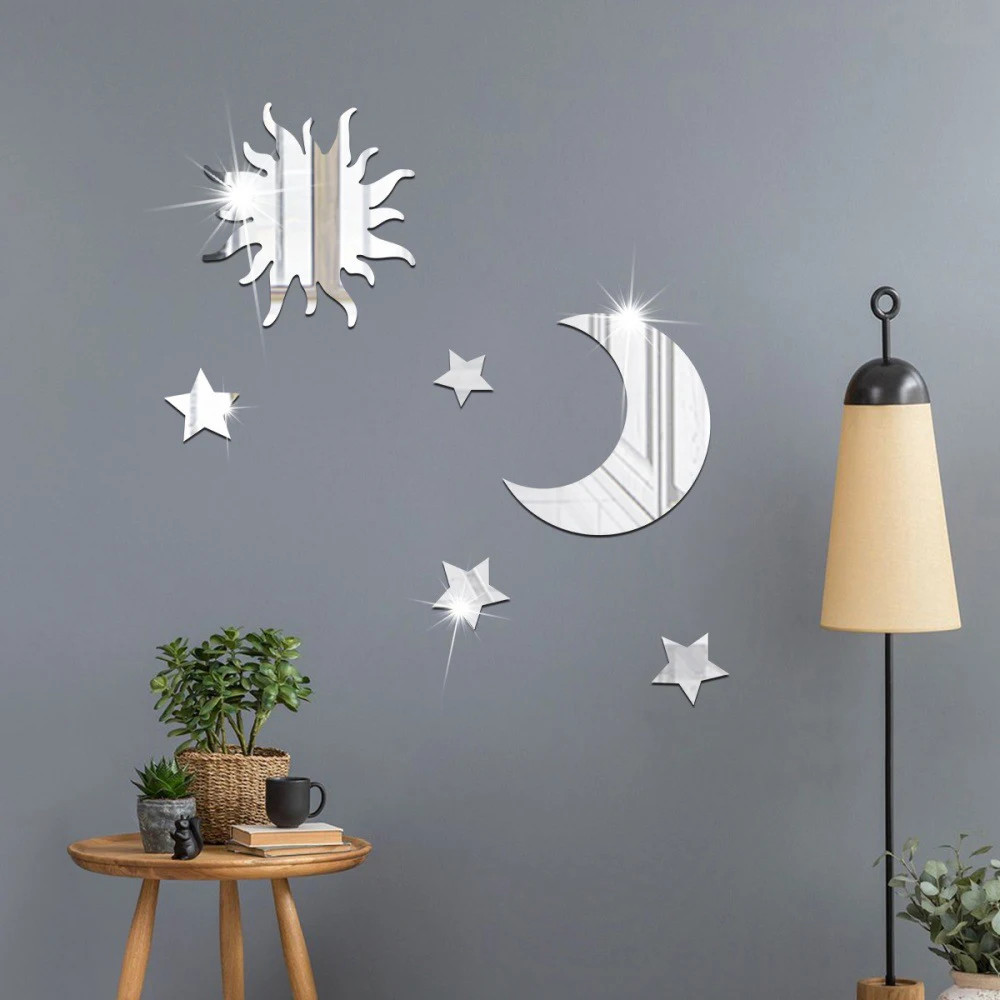Star Moon Combination Mirror Stickers 6PCS Acrylic Stereo Self Adhesive Wall Art