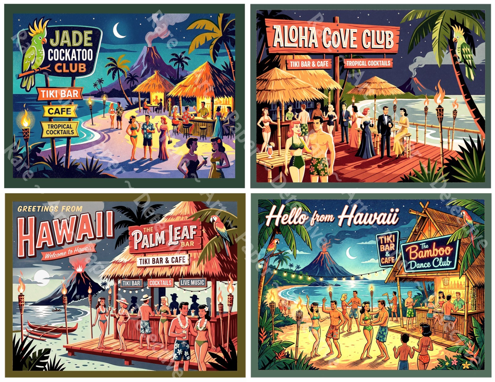 Hawaii Tropical Tiki Bar Stickers, Mid-Century Modern, 4 Labels on 1 Sheet, 1536