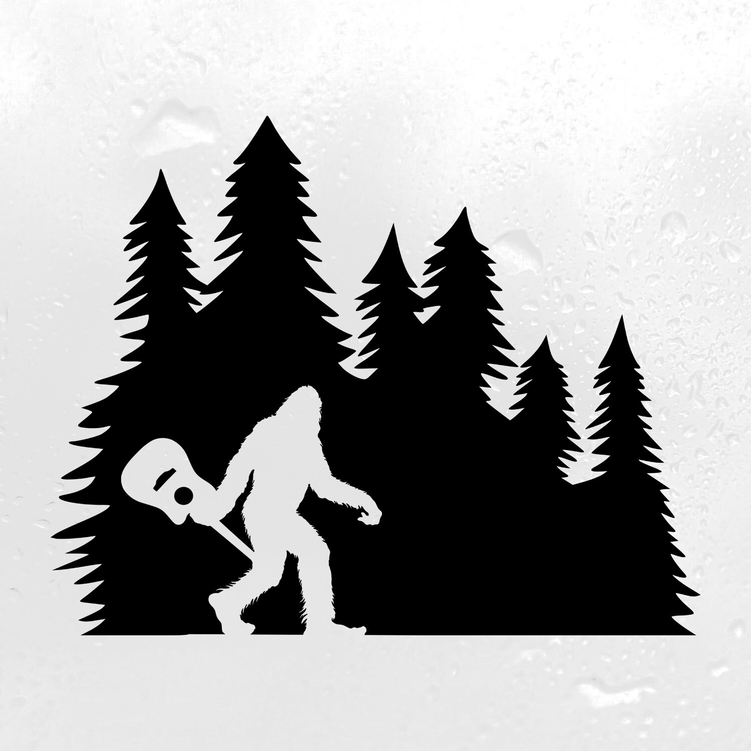 Bigfoot with Guitar in Tree Line Vinyl Decal V1 | Sasquatch Pine Trees Sticker