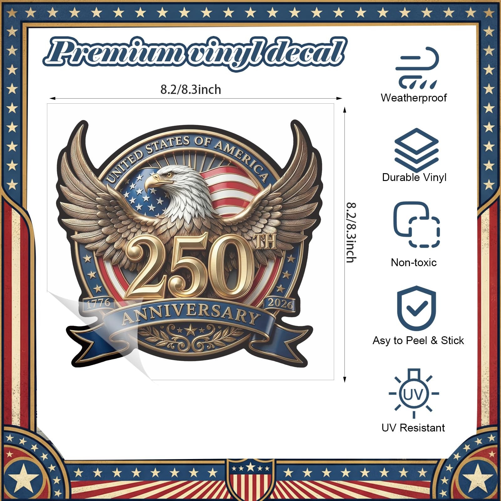 5 Pcs 250th Anniversary Car Sticker 8.27" x 8.27" USA Patriotic Eagle Decal 4th